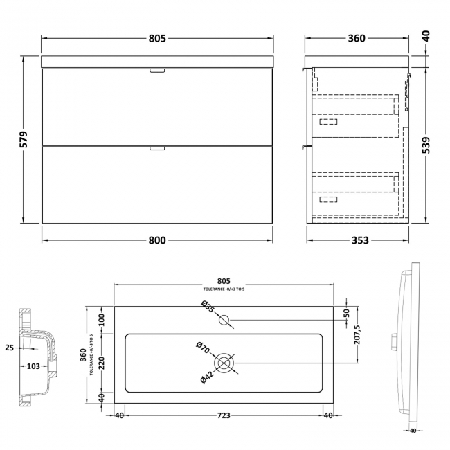 Hudson Reed Fusion Wall Hung 2-Drawer Vanity Unit with Basin 800mm Wide - Charcoal Black Woodgrain