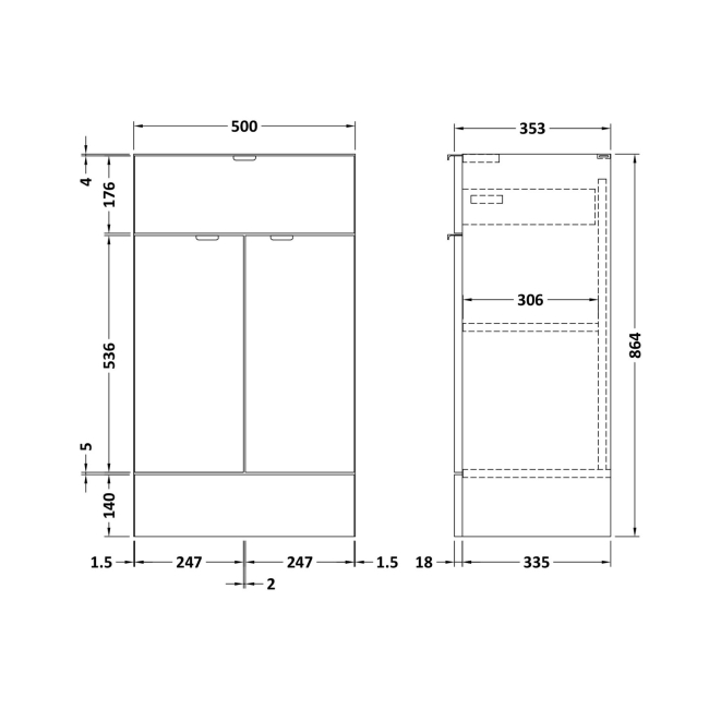 Hudson Reed Fusion Compact Vanity Unit 500mm Wide - Bleached Oak  | Dimension Image