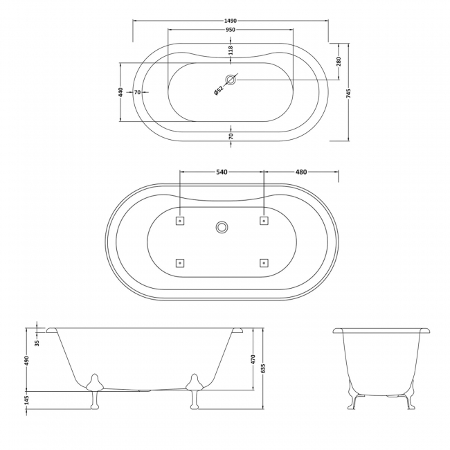 Hudson Reed Grosvenor Freestanding Bath 1500mm x 750mm - Pride Leg Set