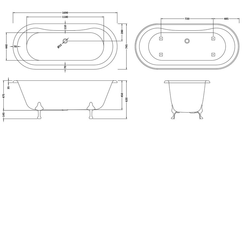 Hudson Reed Grosvenor Freestanding Bath 1700mm x 745mm - Deacon Leg Set