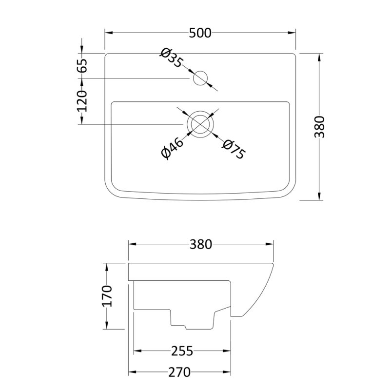 Hudson Reed Lynx Semi Recessed Basin 500mm Wide - 1 Tap Hole