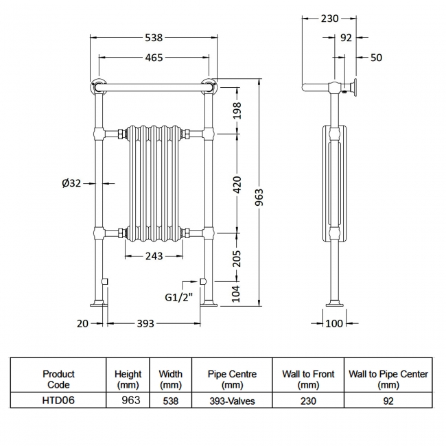 Hudson Reed Small Harrow Heated Radiator Towel Rail 963mm H x 538mm W - Chrome/White