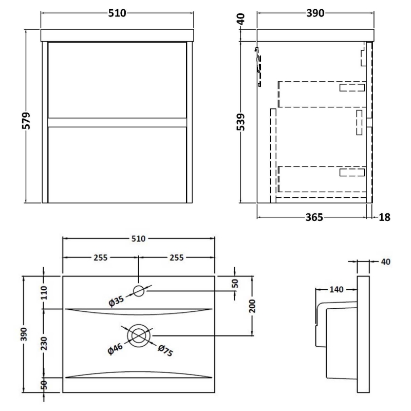 Hudson Reed Juno Floor Standing 2-Door Vanity Unit with Basin 1 500mm Wide - Midnight Blue  | Dimension Image
