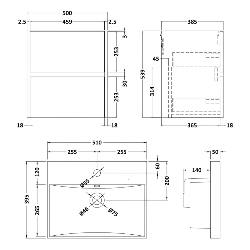 Havana Wall Hung 2-Drawer Vanity Unit with Basin 3 500mm Wide - Coastal Grey