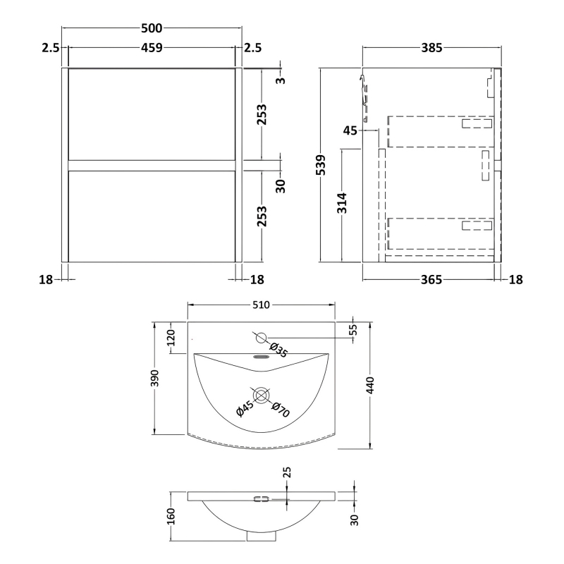 Havana Wall Hung 2-Drawer Vanity Unit with Basin 4 500mm Wide - Coastal Grey