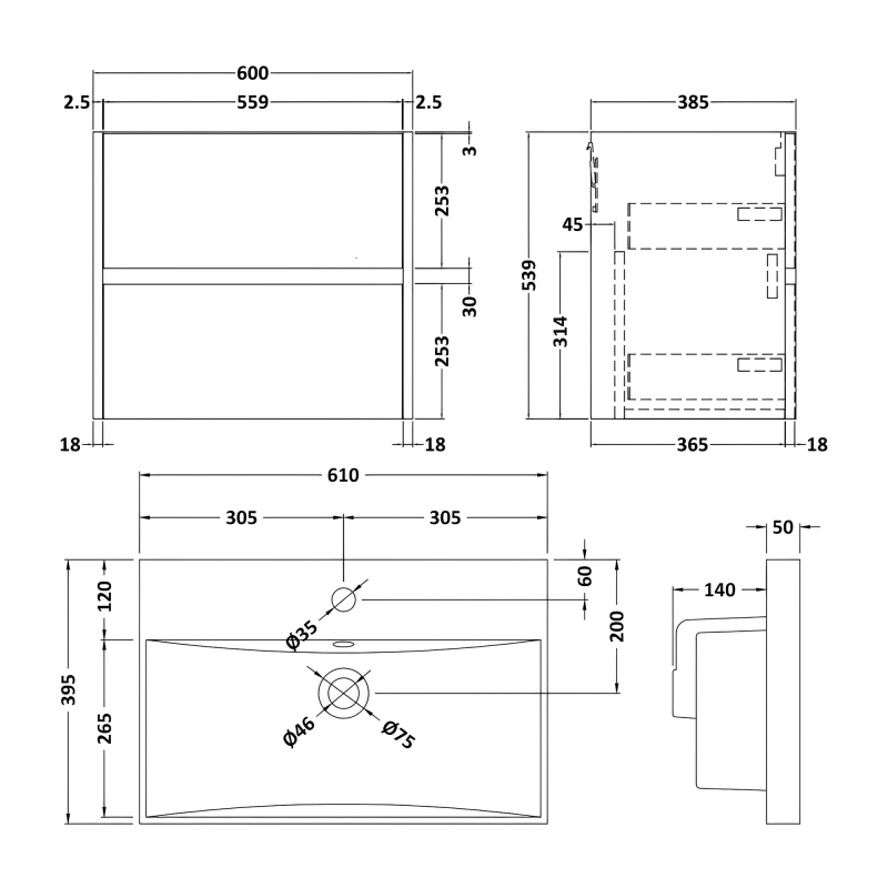 Nuie Havana Vanity Unit 600mm HAV804D Autumn Oak