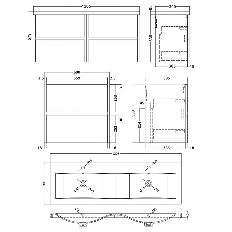 Havana Wall Hung 4-Drawer Vanity Unit with Double Ceramic Basin 1200mm Wide - Graphite Grey