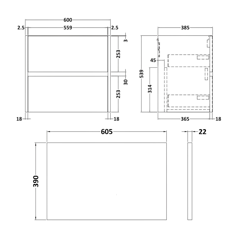 Havana Wall Hung 2-Drawer Vanity Unit with Sparkling Black Worktop 600mm Wide - Graphite Grey