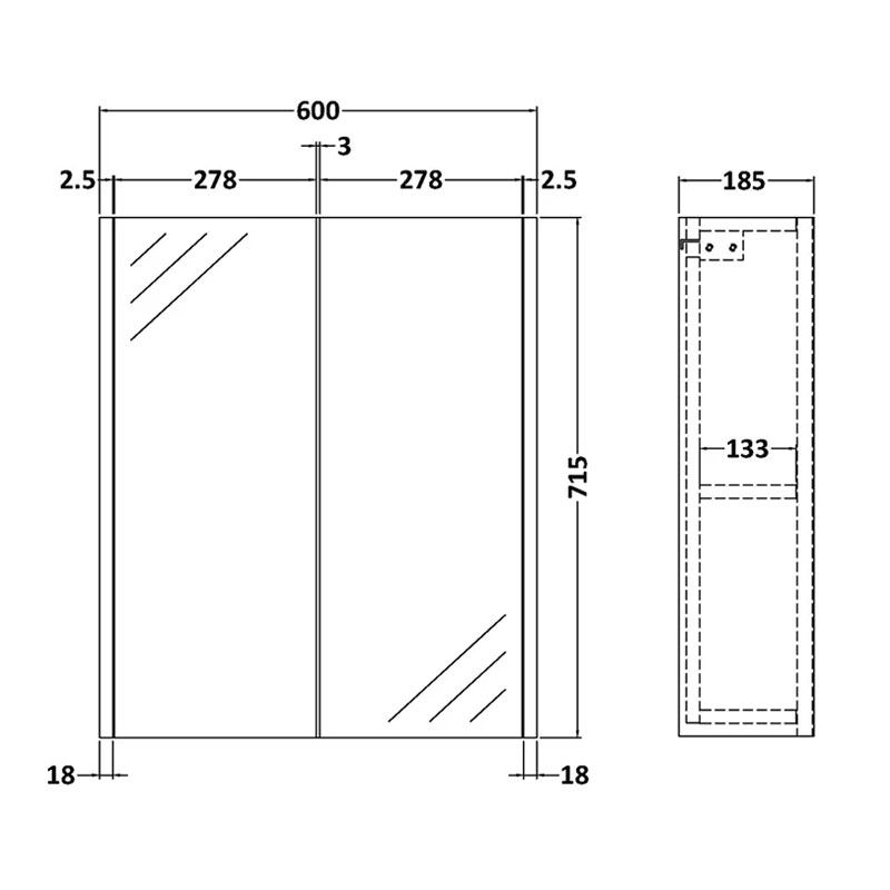Hudson Reed Juno Mirrored Bathroom Cabinet (50/50) 600mm Wide - Coastal Grey
