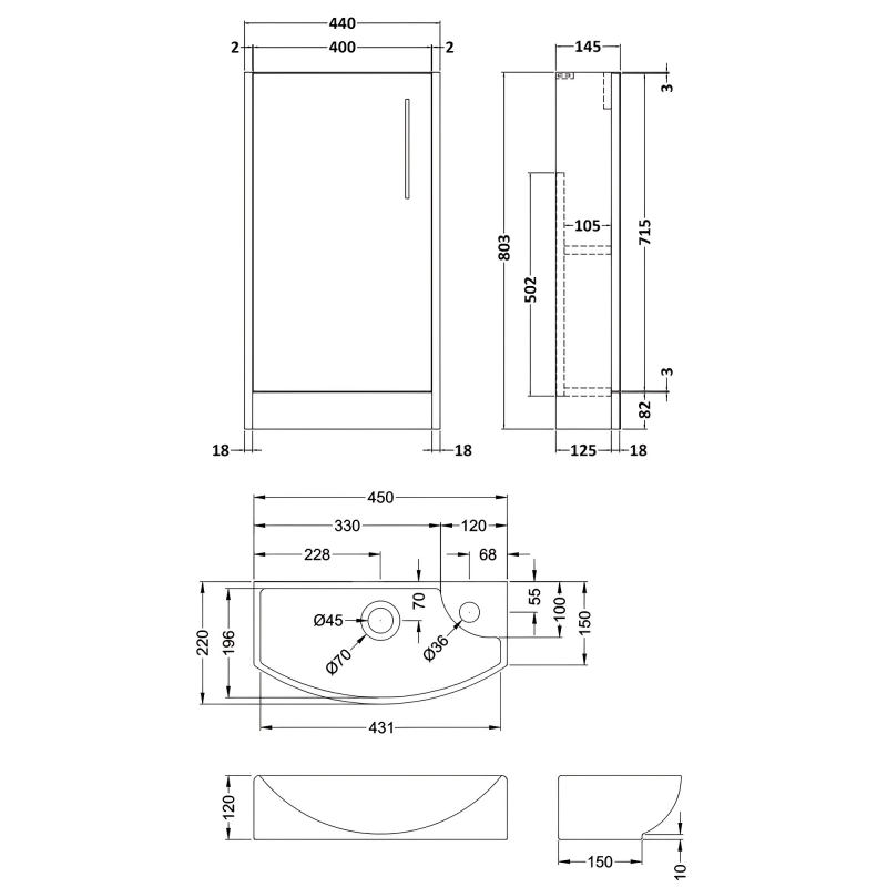 Hudson Reed Juno Compact LH Floor Standing Vanity Unit and Basin 440mm Wide - Graphite Grey