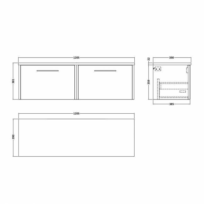 Hudson Reed Juno Wall Hung 2-Drawer Vanity Unit with Bellato Grey Worktop 1200mm Wide - Autumn Oak  | Dimension Image