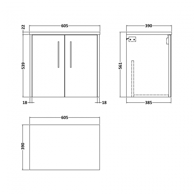 Hudson Reed Juno Wall Hung 2-Door Vanity Unit with Carrera Marble Worktop 600mm Wide - Autumn Oak  | Dimension Image