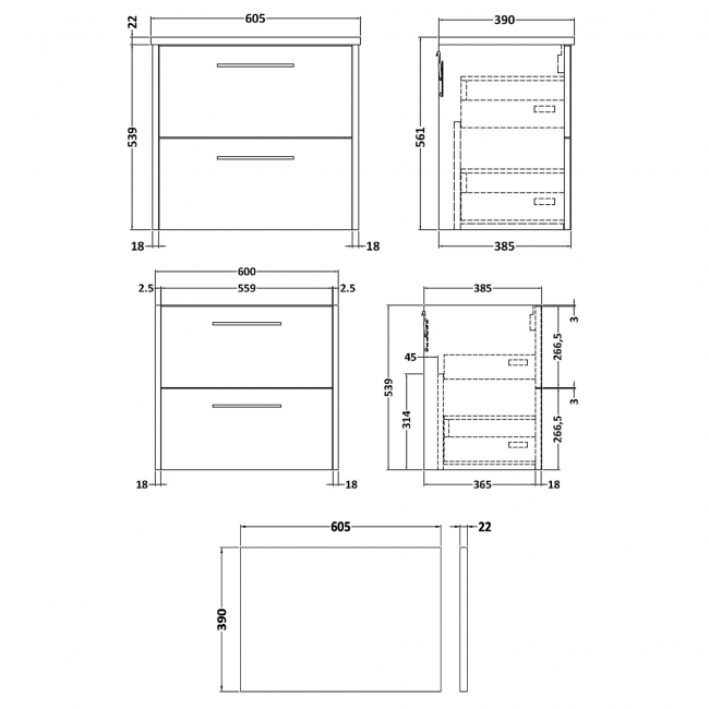 Hudson Reed Juno Wall Hung 2-Drawer Vanity Unit with Bellato Grey Worktop 600mm Wide - Autumn Oak