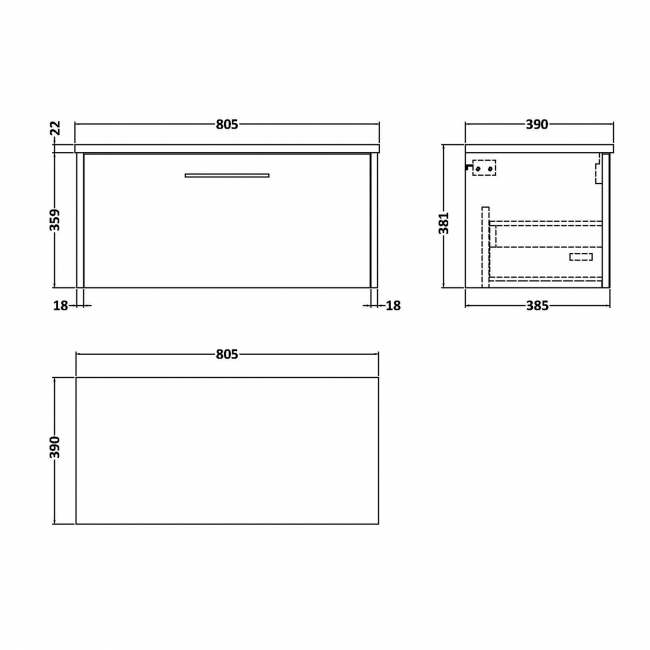 Hudson Reed Juno Wall Hung 1-Drawer Vanity with Carrera Marble Worktop 800mm Wide - Autumn Oak  | Dimension Image