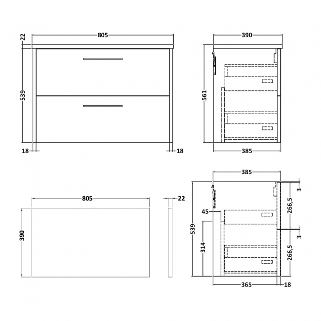 Hudson Reed Juno Wall Hung 2-Drawer Vanity Unit with Sparkling Black Worktop 800mm Wide - Graphite Grey