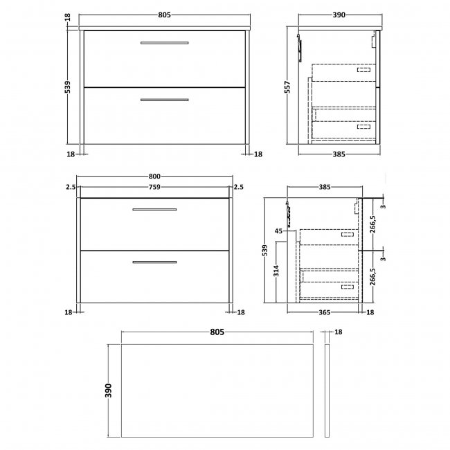 Hudson Reed Juno Wall Hung 2-Drawer Vanity Unit with Worktop 800mm Wide - Coastal Grey