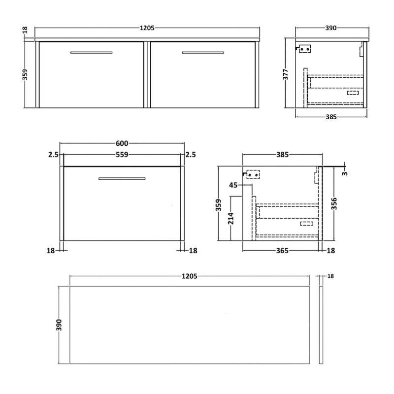 Hudson Reed Juno Wall Hung 2-Drawer Vanity Unit with Worktop 1200mm Wide - Graphite Grey