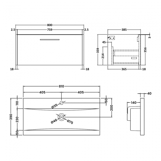 Hudson Reed Juno Wall Hung 1-Drawer Vanity Unit with Basin 1 800mm Wide - Autumn Oak