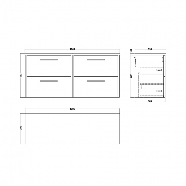 Hudson Reed Juno Wall Hung 4-Drawer Vanity Unit with Carrera Marble Worktop 1200mm Wide - Coastal Grey  | Dimension Image