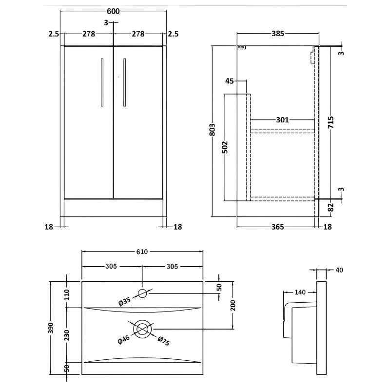 Hudson Reed Juno Floor Standing 2-Door Vanity Unit with Basin 1 600mm Wide - Graphite Grey