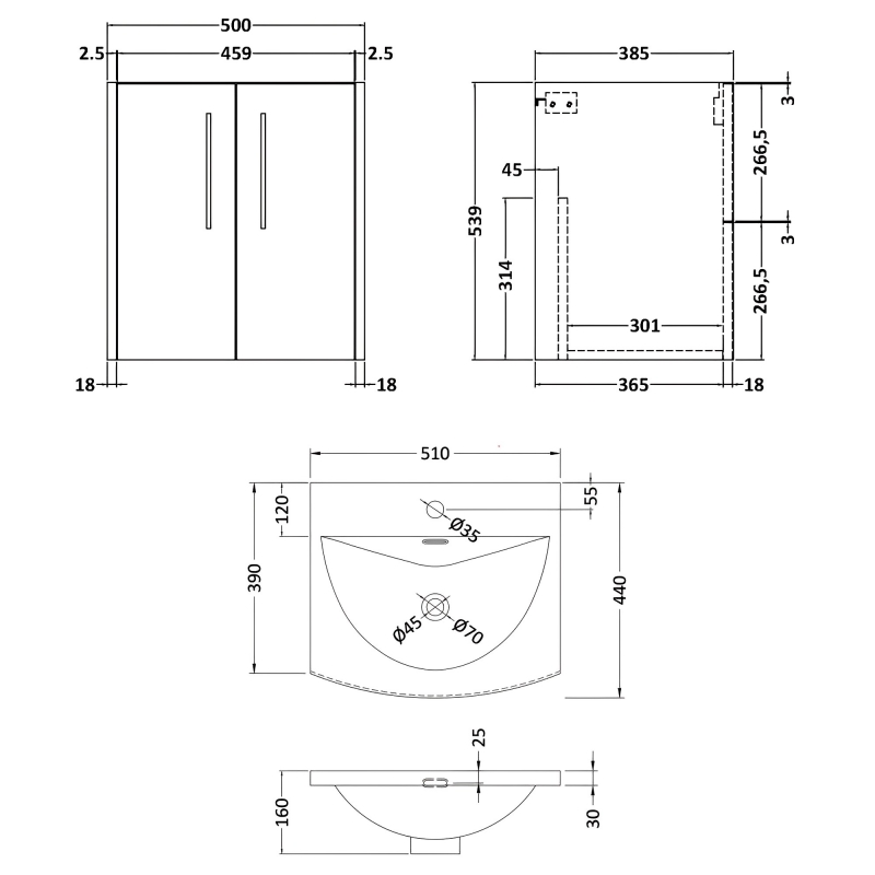 Hudson Reed Juno Wall Hung 2-Door Vanity Unit with Basin 4 500mm Wide - Coastal Grey