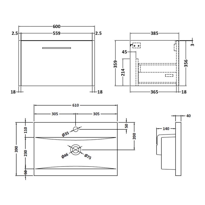 Hudson Reed Juno Wall Hung 1-Drawer Vanity Unit with Basin 1 600mm Wide - Coastal Grey