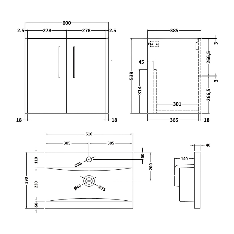 Hudson Reed Juno Wall Hung 2-Door Vanity Unit with Basin 1 600mm Wide - Metallic Slate