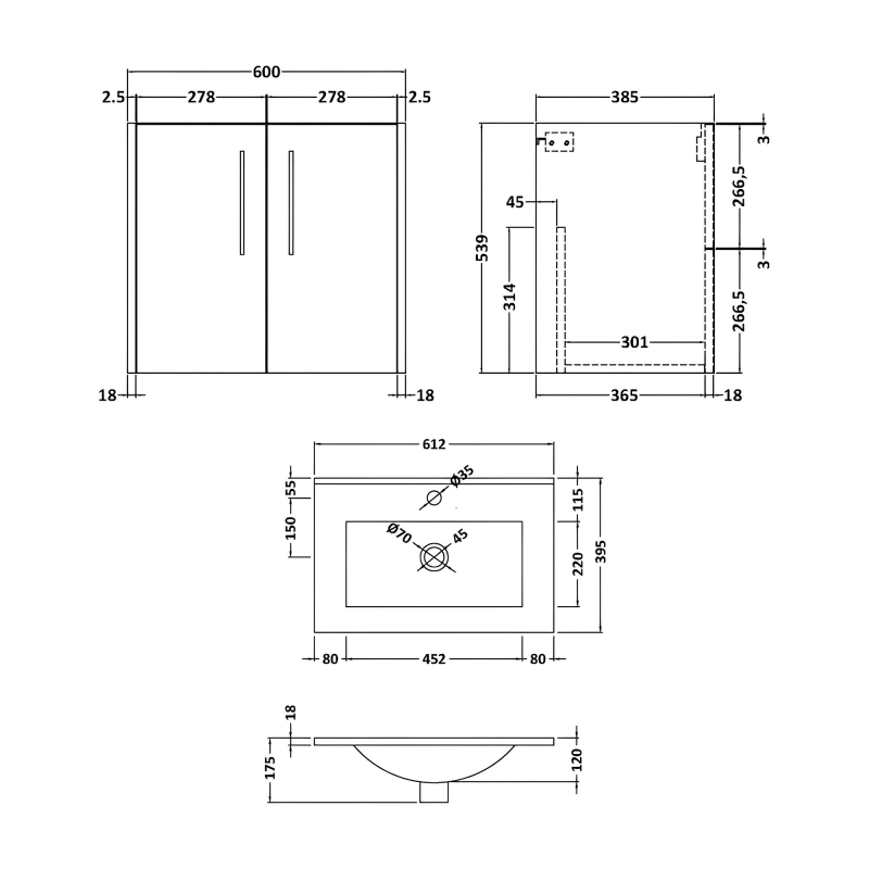 Hudson Reed Juno Wall Hung 2-Door Vanity Unit with Basin 2 600mm Wide - Graphite Grey