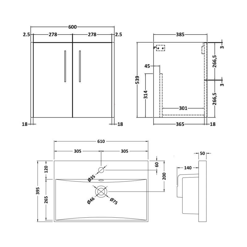 Hudson Reed Juno Wall Hung 2-Door Vanity Unit with Basin 3 600mm Wide - Metallic Slate