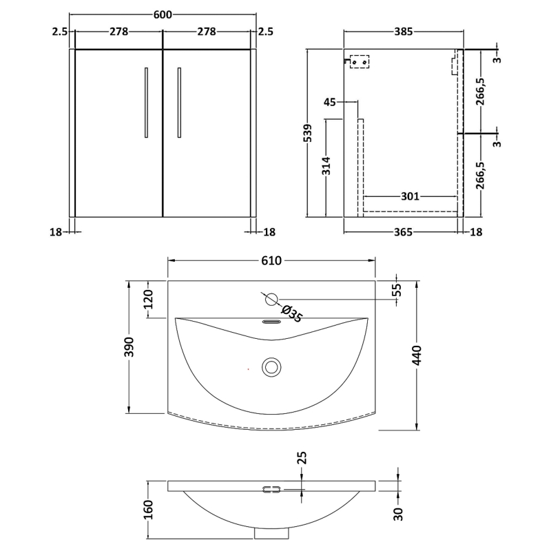 Hudson Reed Juno Wall Hung 2-Door Vanity Unit with Basin 4 600mm Wide - Coastal Grey