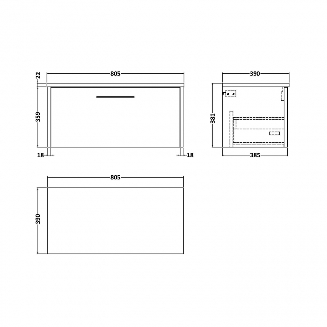 Hudson Reed Juno Wall Hung 1-Drawer Vanity Unit with Carrera Marble Worktop 800mm Wide - Metallic Slate  | Dimension Image