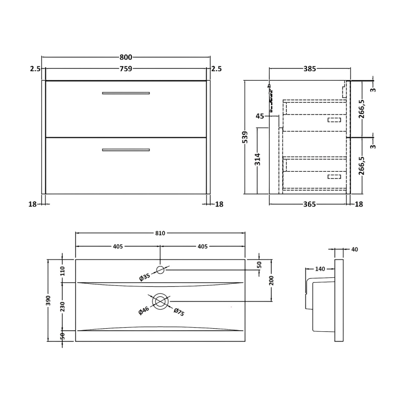 Hudson Reed Juno Wall Hung 2-Drawer Vanity Unit with Basin 1 800mm Wide - Graphite Grey