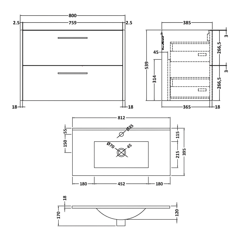 Hudson Reed Juno Wall Hung 2-Drawer Vanity Unit with Basin 2 800mm Wide - Coastal Grey