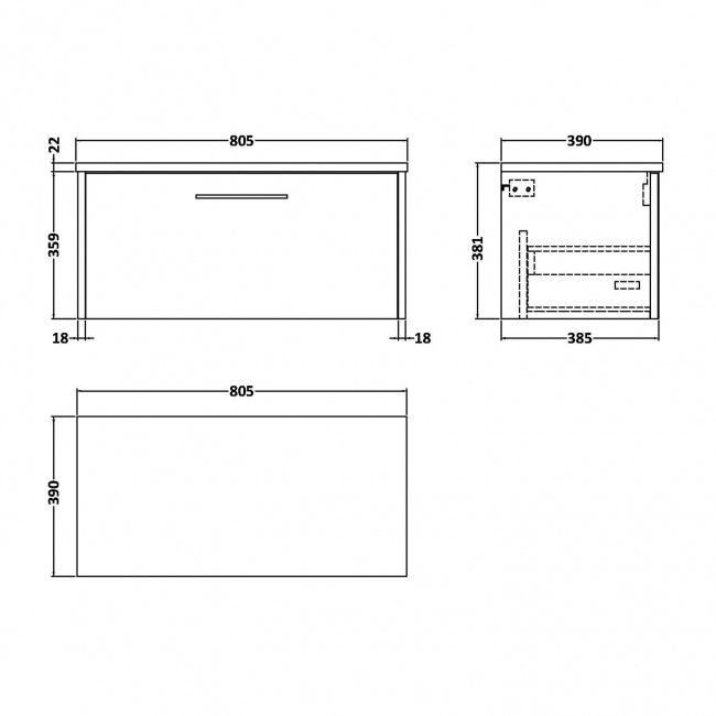Hudson Reed Juno Wall Hung 1-Drawer Vanity with Bellato Grey Worktop 800mm Wide - Midnight Blue  | Dimension Image