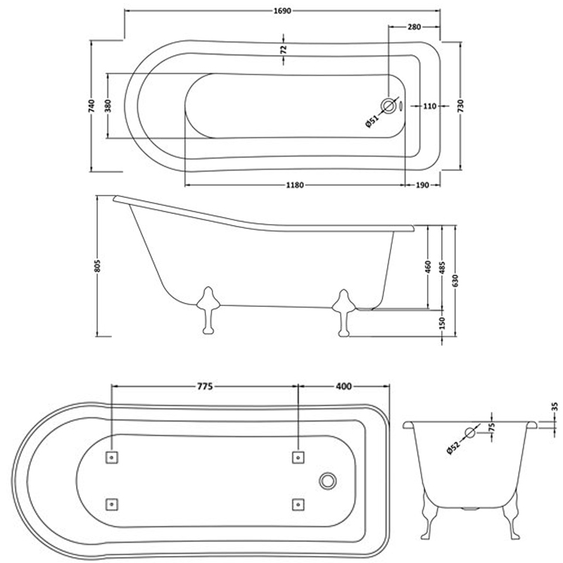 Hudson Reed Kensington Slipper Bath RL1690T 1700mm x 730mm Acrylic