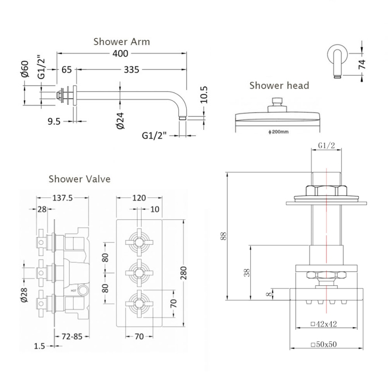 Hudson Reed Tec Concealed Shower Mixer with Fixed Head and Body Jets - Chrome