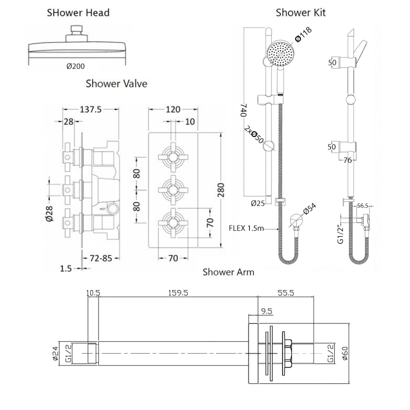 Hudson Reed Kristal Triple Concealed Mixer Shower with Modern Shower Kit and Fixed Head