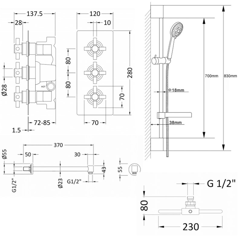 Hudson Reed Kristal Triple Concealed Mixer Shower with Slimline Shower Kit and Fixed Head