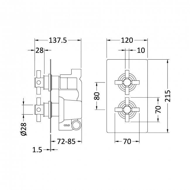Hudson Reed Kristal Crosshead Concealed Shower Valve with Diverter Dual Handle - Chrome