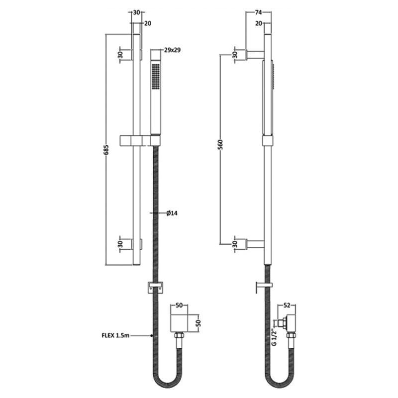 Hudson Reed Kubix Slider Shower Rail Kit with Pencil Handset - Chrome