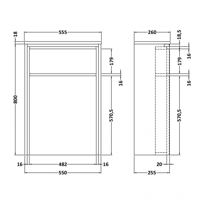 Hudson Reed Lille WC Unit 550mm Wide - Antique Oak  | Dimension Image