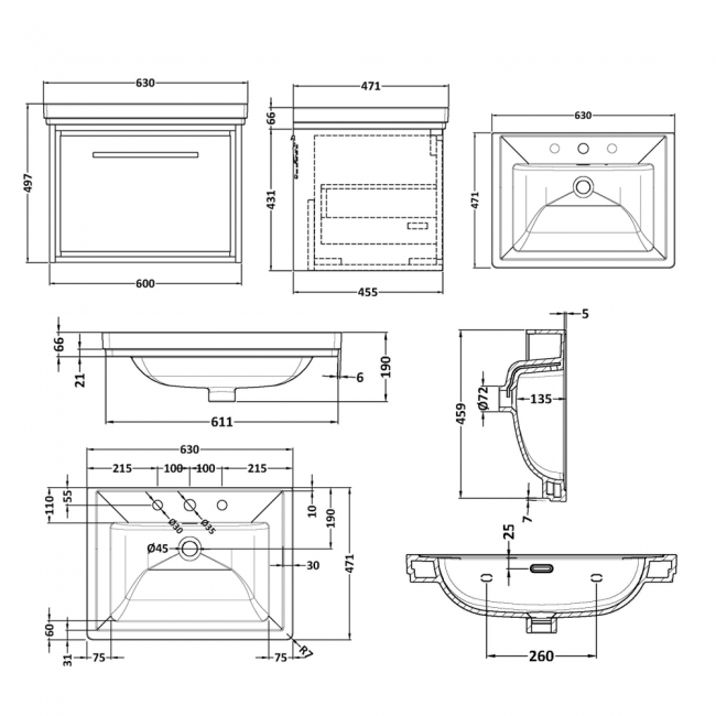 Hudson Reed Lille Wall Hung 1-Drawer Vanity Unit with 3TH Classique Basin 600mm Wide - Graphite Grey Woodgrain  | Dimension Image