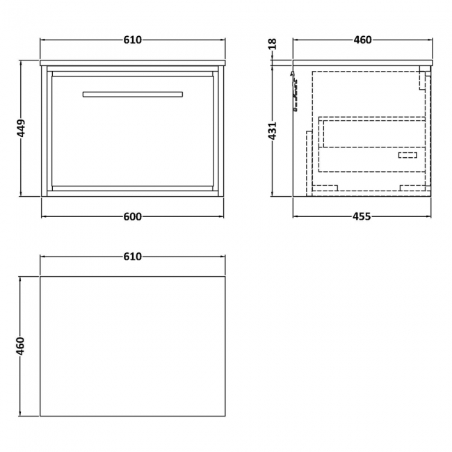 Hudson Reed Lille Wall Hung 1-Drawer Vanity Unit with Carrera Marble Worktop 600mm Wide - Antique Oak  | Dimension Image
