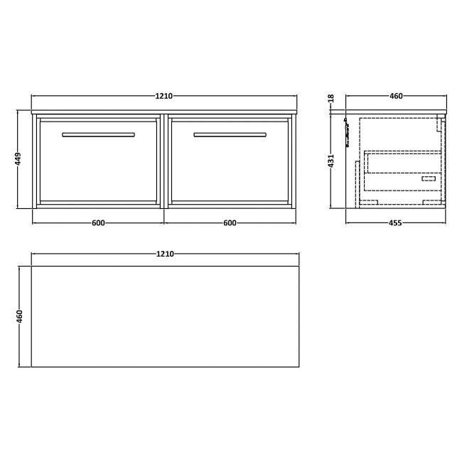 Hudson Reed Lille Wall Hung 2-Drawer Vanity Unit with Carrera Marble Worktop 1200mm Wide - Graphite Grey Woodgrain  | Dimension Image