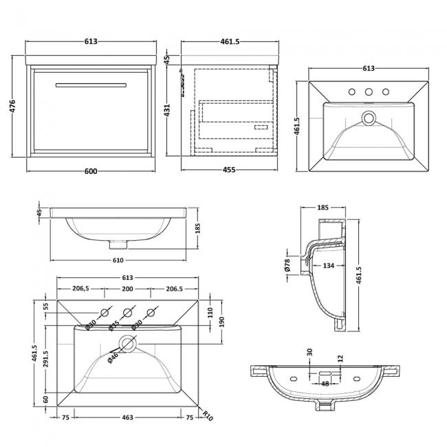 Hudson Reed Lille Wall Hung 1-Drawer Vanity Unit with 3TH Contemporary Basin 600mm Wide - Bleached Oak  | Dimension Image