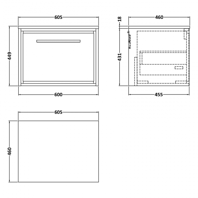 Hudson Reed Lille Wall Hung 1-Drawer Vanity Unit with Worktop 600mm Wide - Graphite Grey Woodgrain  | Dimension Image