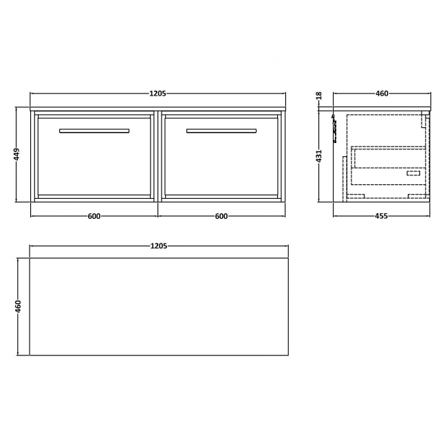 Hudson Reed Lille Wall Hung 2-Drawer Vanity Unit with Worktop 1200mm Wide - Antique Oak  | Dimension Image