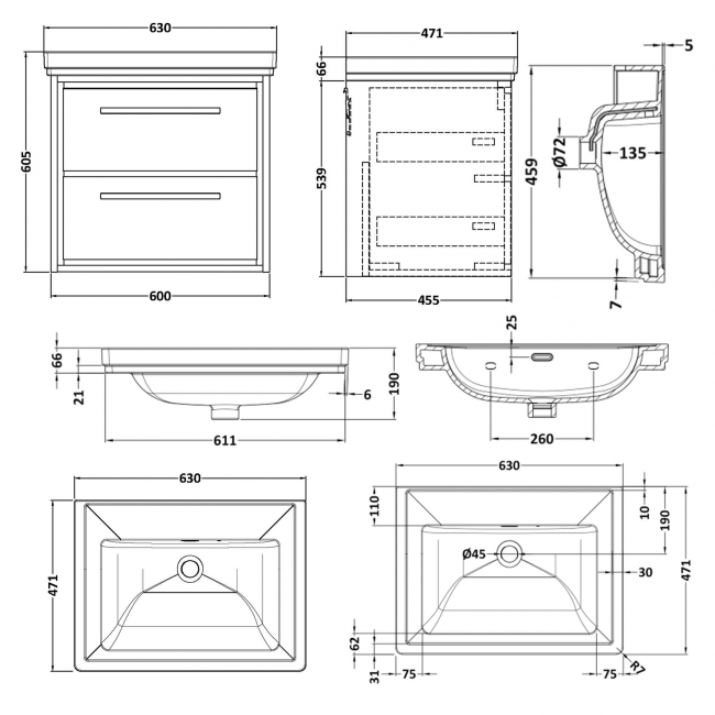 Hudson Reed Lille Wall Hung 2-Drawer Vanity Unit with 0TH Classique Basin 600mm Wide - Graphite Grey Woodgrain  | Dimension Image