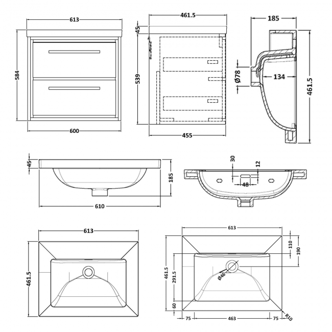 Hudson Reed Lille Wall Hung 2-Drawer Vanity Unit with 0TH Contemporary Basin 600mm Wide - Antique Oak  | Dimension Image