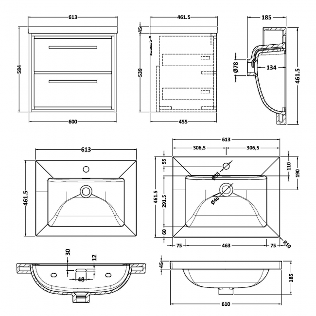 Hudson Reed Lille Wall Hung 2-Drawer Vanity Unit with 1TH Contemporary Basin 600mm Wide - Graphite Grey Woodgrain  | Dimension Image